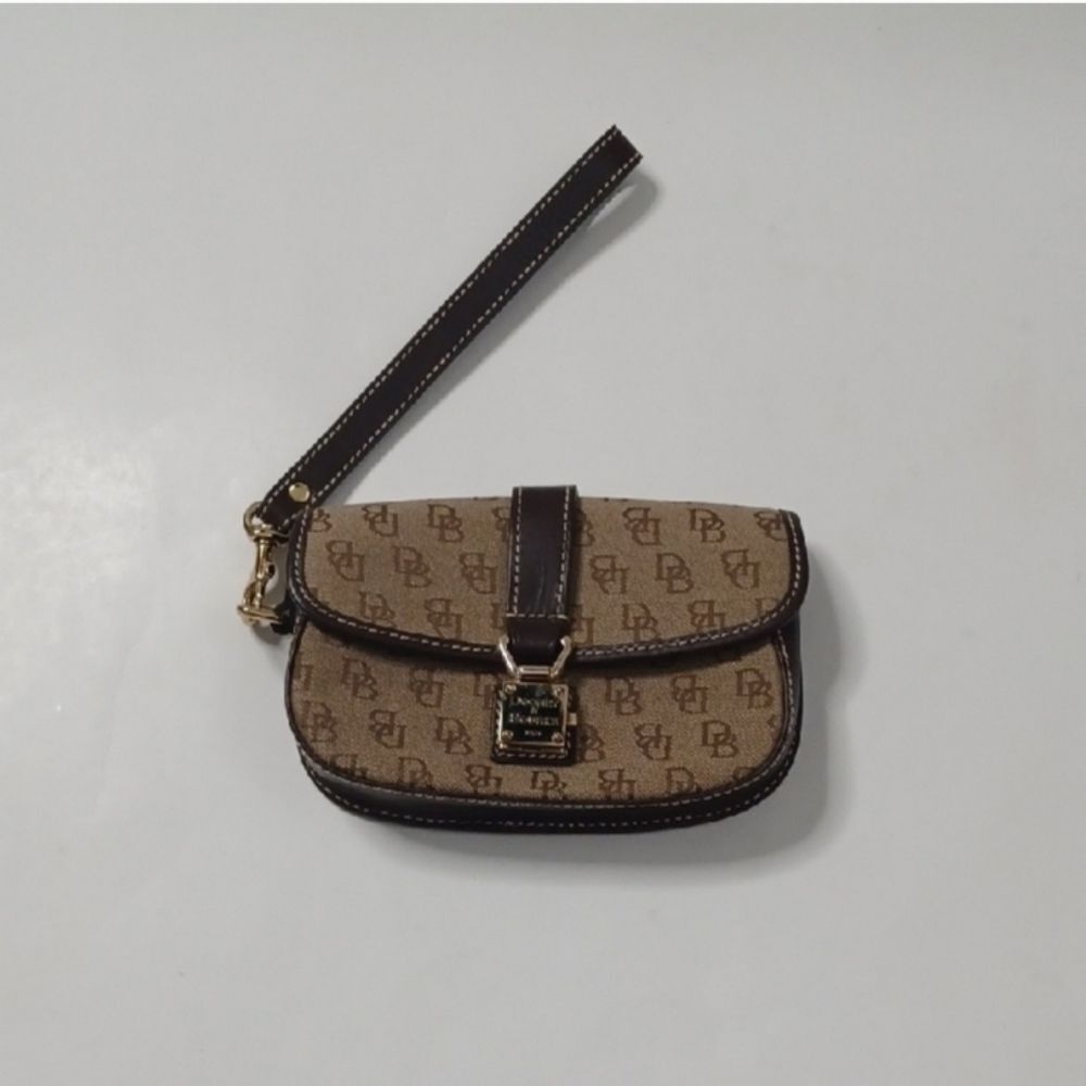Dooney & Bourke Tan Monogram Wristlet with Dark Brown Trim